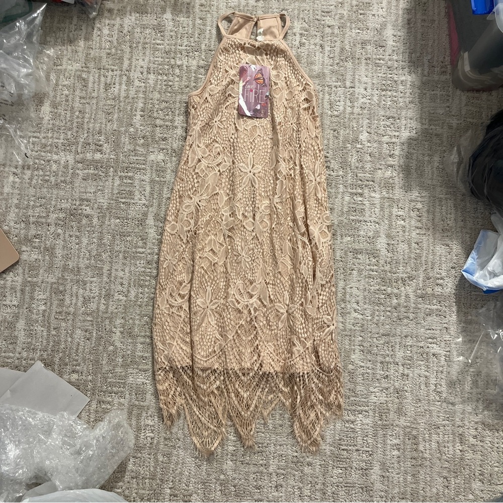 Love fire lace Halter music festival Dress in Tan NEW